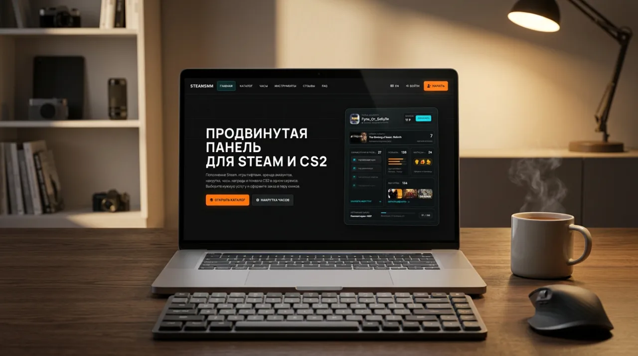 Главная страница сервиса SteamSMM на экране ноутбука на рабочем столе