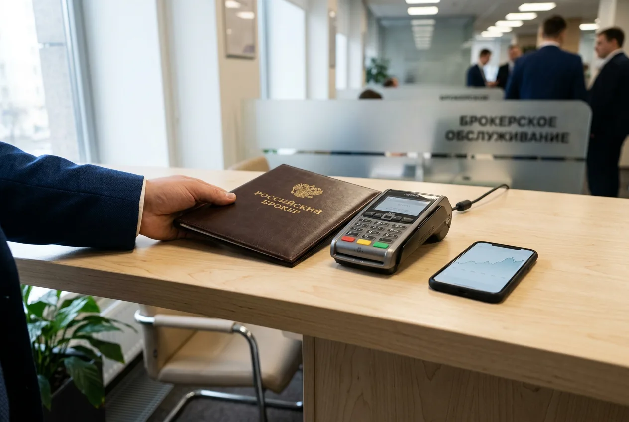 Смартфон с графиком котировок и платежный терминал на столе финансового консультанта