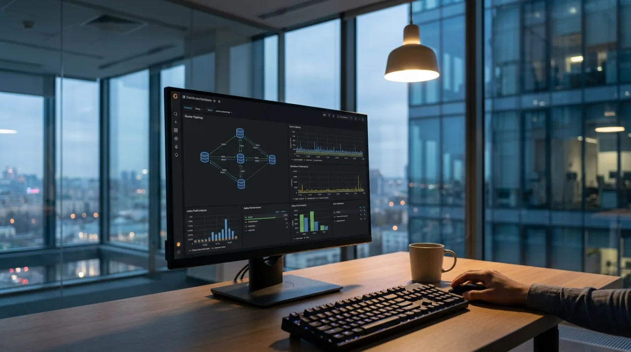 Рабочее место разработчика с монитором и панелью управления базой данных YDB в вечернем офисе