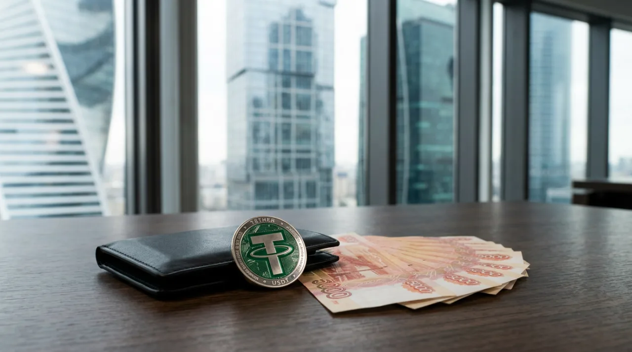 Монета Tether USDT, аппаратный криптокошелек и рублевые банкноты на столе в офисе