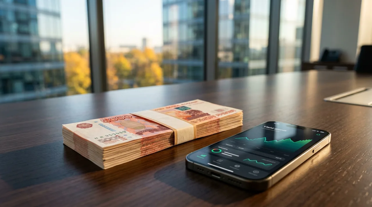 Пачка пятитысячных купюр рублей и смартфон с графиком на столе в банке, символизирующие ключевую ставку ЦБ.