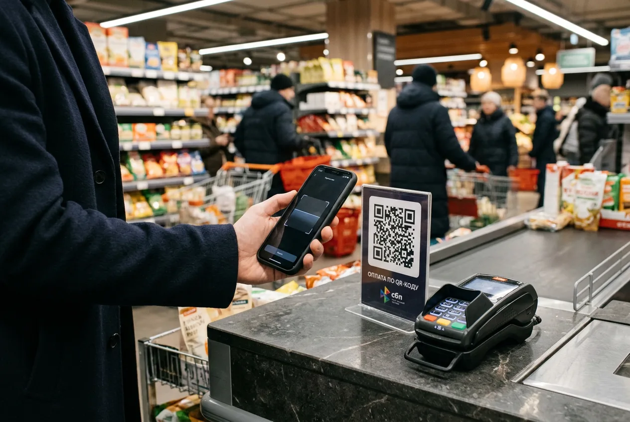Оплата покупок цифровым рублем с помощью QR-кода на кассе в магазине