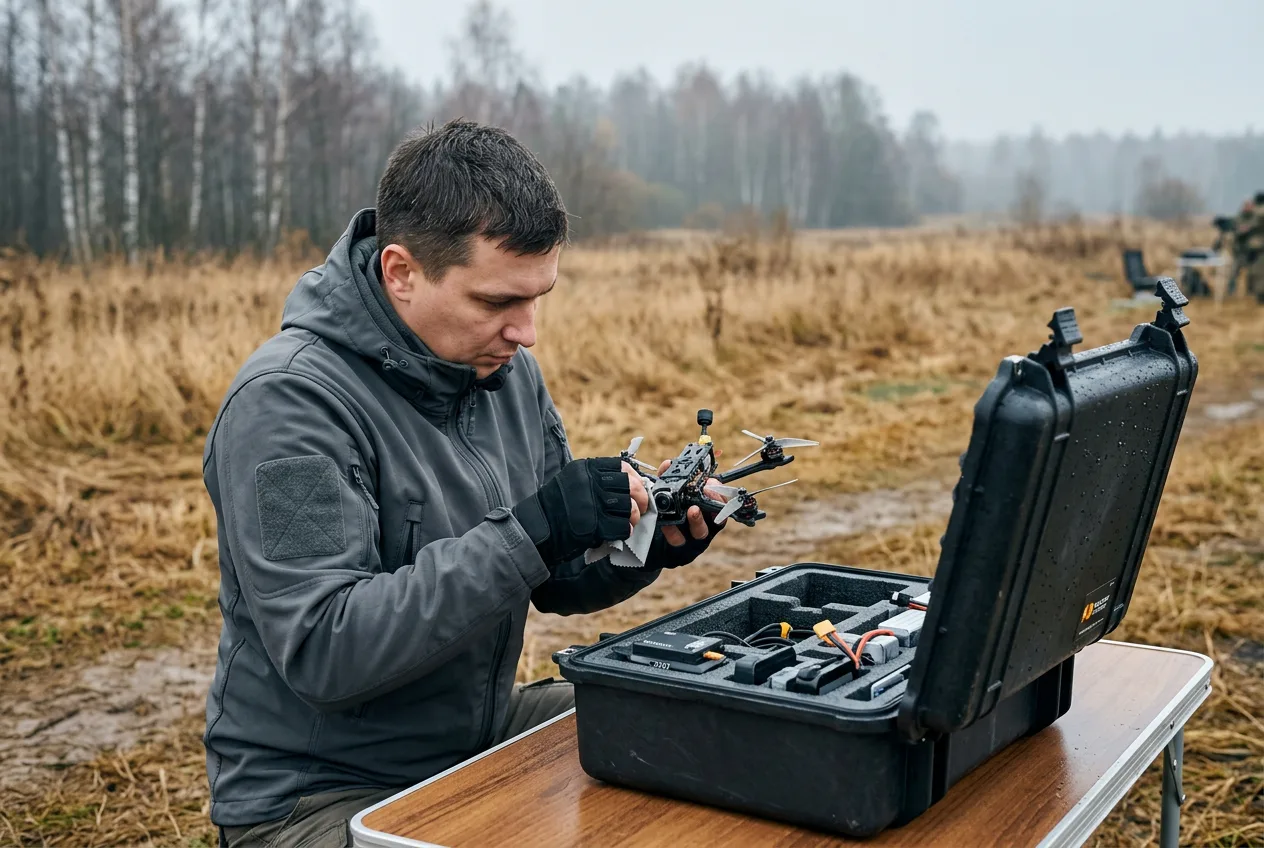 Специалист осматривает оптическую камеру дрона на полевых испытаниях для обучения нейросетей
