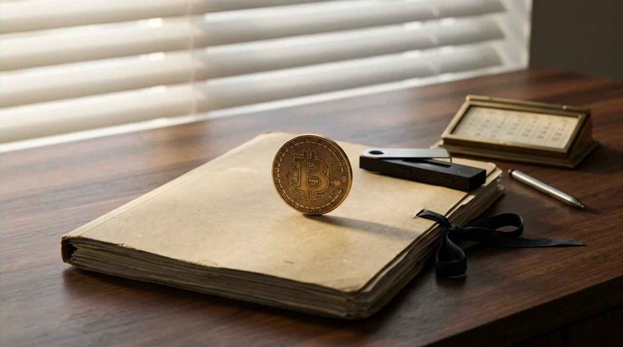 Физическая монета биткоина лежит на юридической папке документов рядом с аппаратным криптокошельком