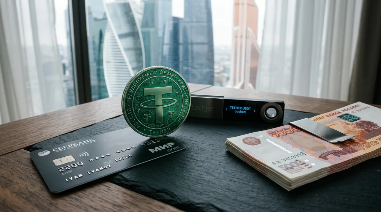 Монета USDT, банковская карта и аппаратный криптокошелек на рабочем столе