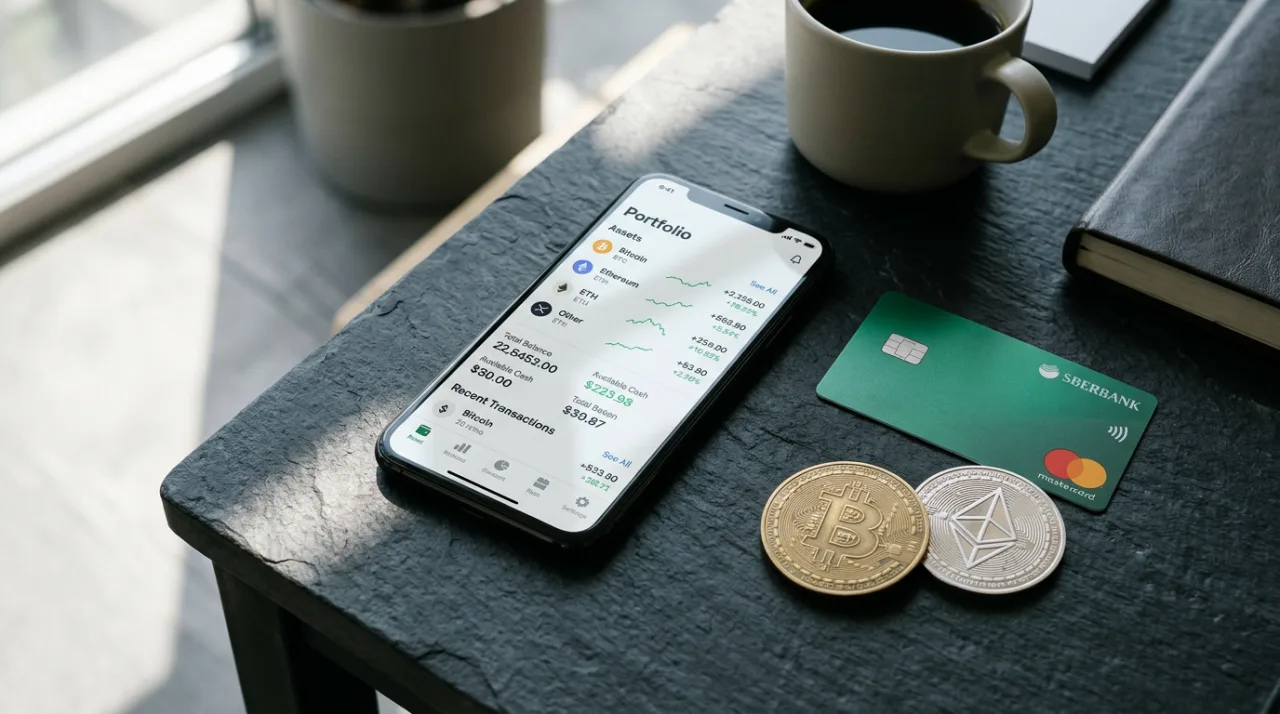 Смартфон с инвестиционным приложением, зеленая банковская карта и монеты криптовалют Bitcoin и Ethereum на столе.