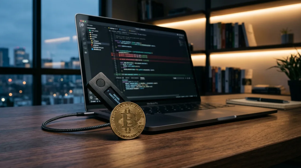 Физическая монета Bitcoin и аппаратный кошелек на рабочем столе разработчика Bitcoin Core.