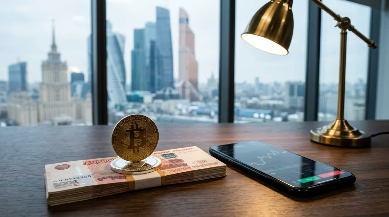 Монеты Bitcoin и Ethereum рядом с купюрами рублей на столе в контексте торгов на Мосбирже