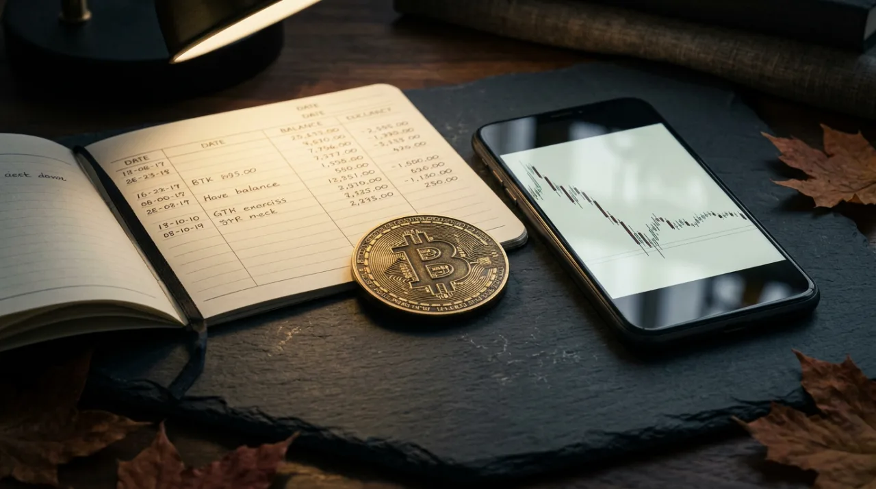 Физическая монета биткоин на темном рабочем столе рядом с финансовым графиком на экране смартфона