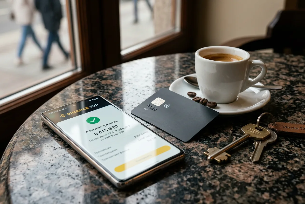 Смартфон и банковская карта на столе для проведения P2P-сделок с криптовалютой