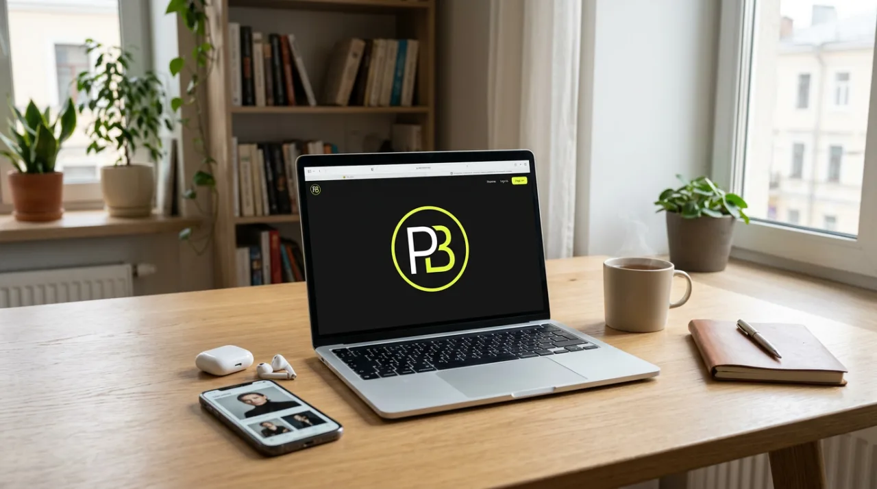 Ноутбук с логотипом сервиса PicBloom на рабочем столе для обзора нейрофотосессий