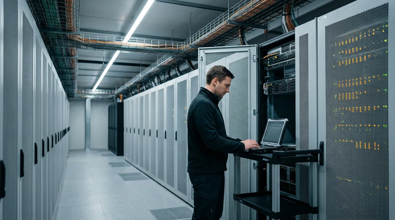 Инженер проводит диагностику и восстановление серверов Yandex Cloud в дата-центре