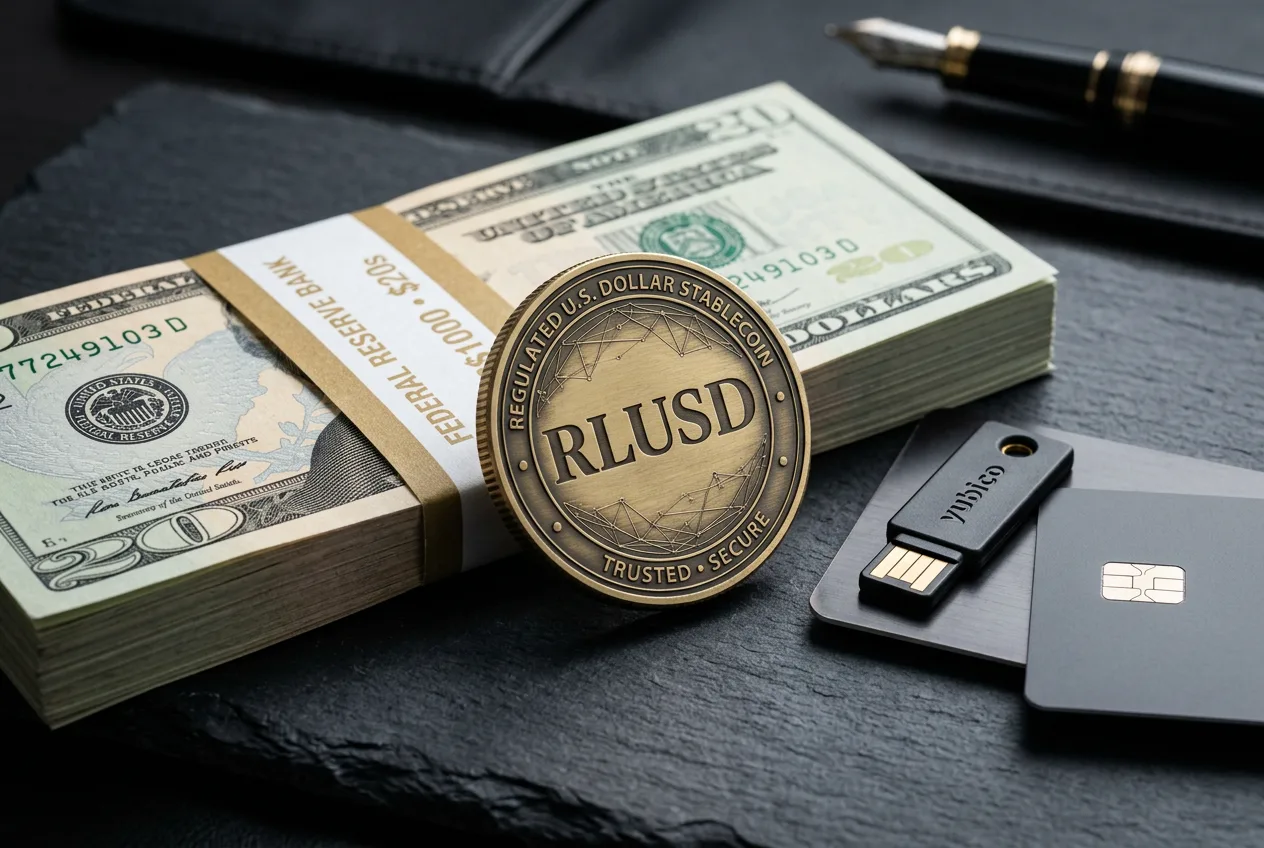 Физическая монета RLUSD стейблкоина рядом с резервными пачками долларов на столе