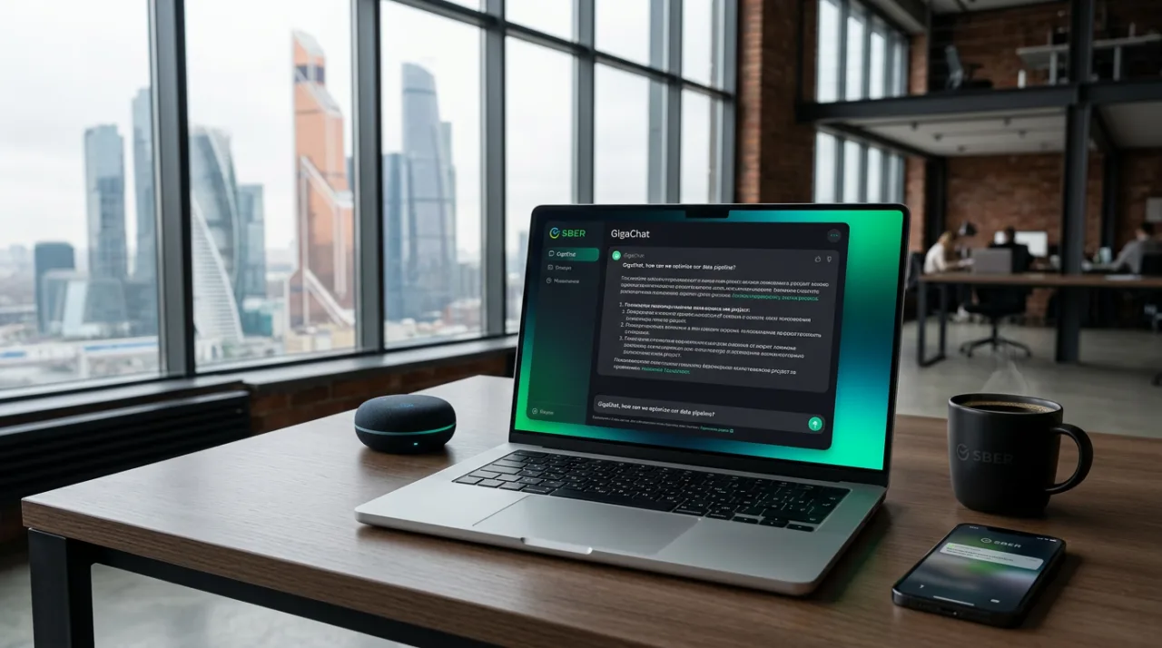 Ноутбук с интерфейсом нейросети GigaChat Reasoning от Сбера на рабочем столе