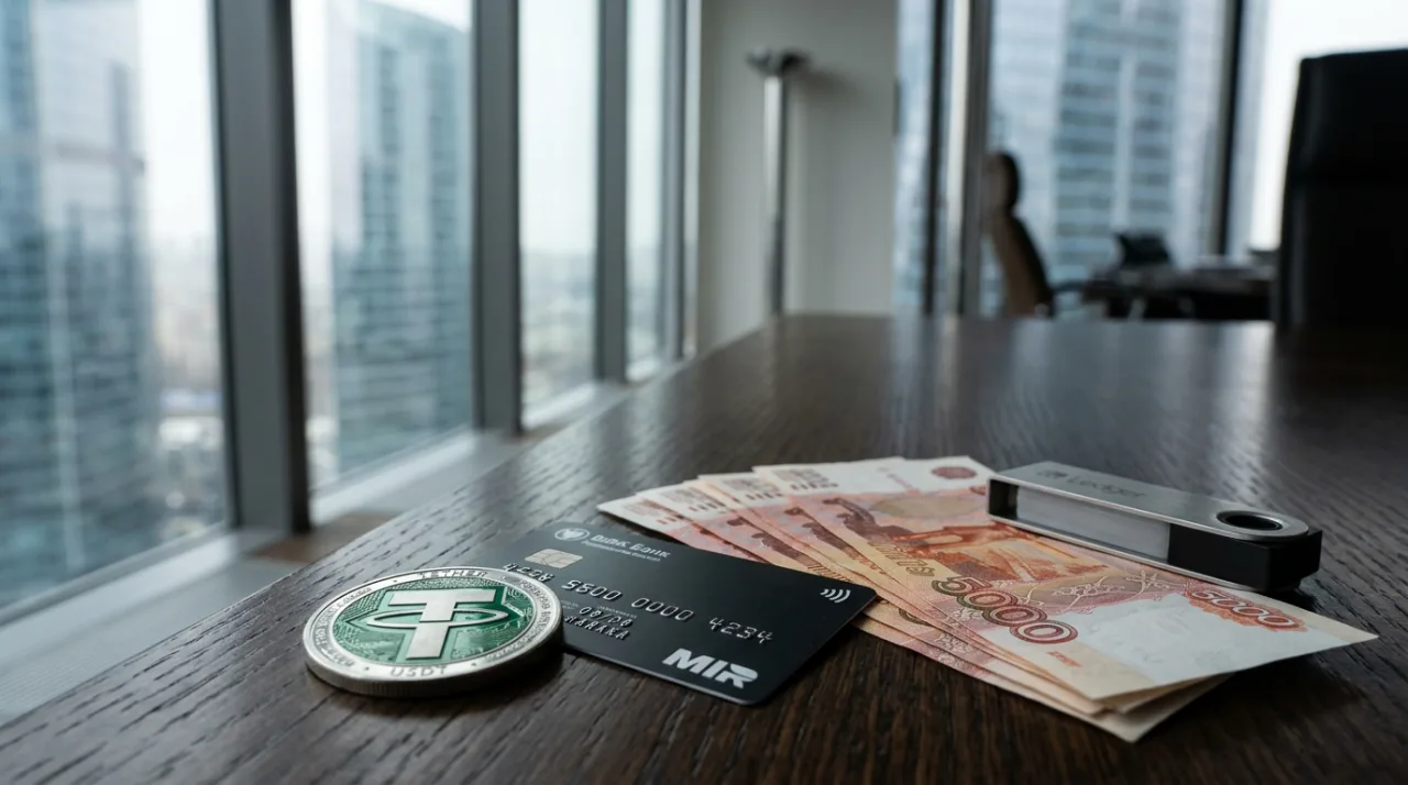 Монета USDT, банковская карта и рублевые банкноты на офисном столе для темы криптообменников ЦБ