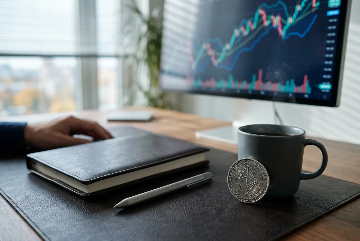 Рабочее место инвестора с физической монетой Ethereum и абстрактными графиками.