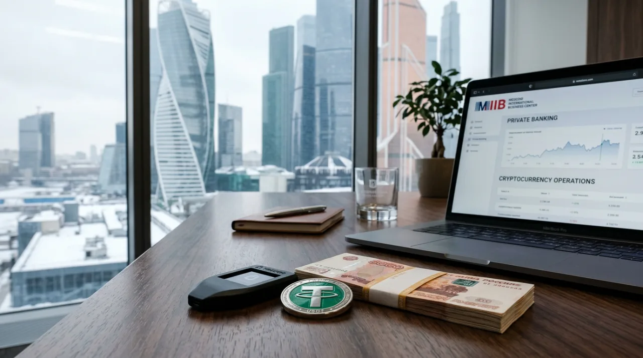 Аппаратный криптокошелек, монета USDT и российские рубли на столе легального криптообменника