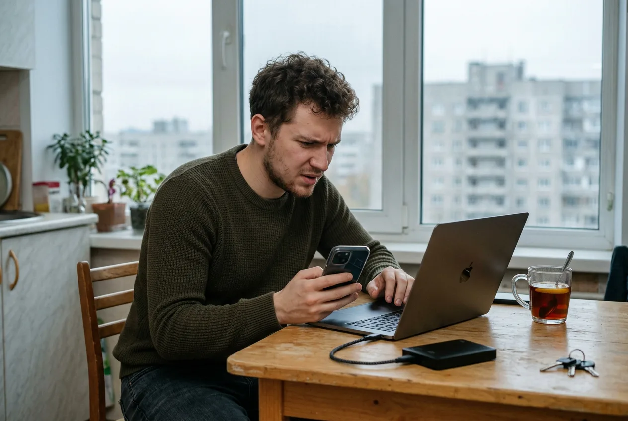 Разработчик за ноутбуком в домашней обстановке решает вопросы удалённого доступа к зарубежным API.