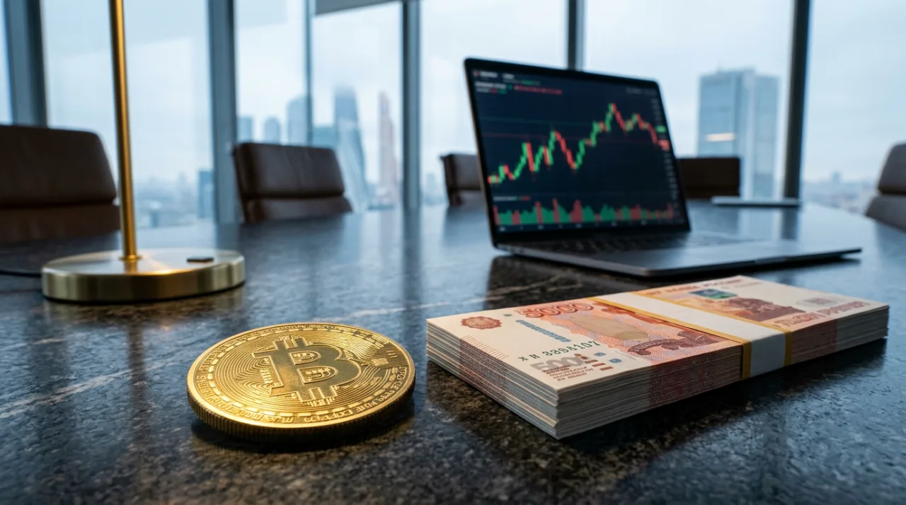 Биткоин и российские рубли на столе перед стартом торгов криптовалютой на Мосбирже в 2026 году