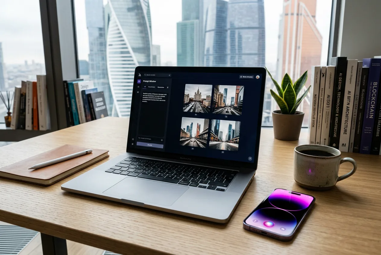 Рабочее место с ноутбуком и смартфоном с запущенным интерфейсом Яндекс Алиса AI.