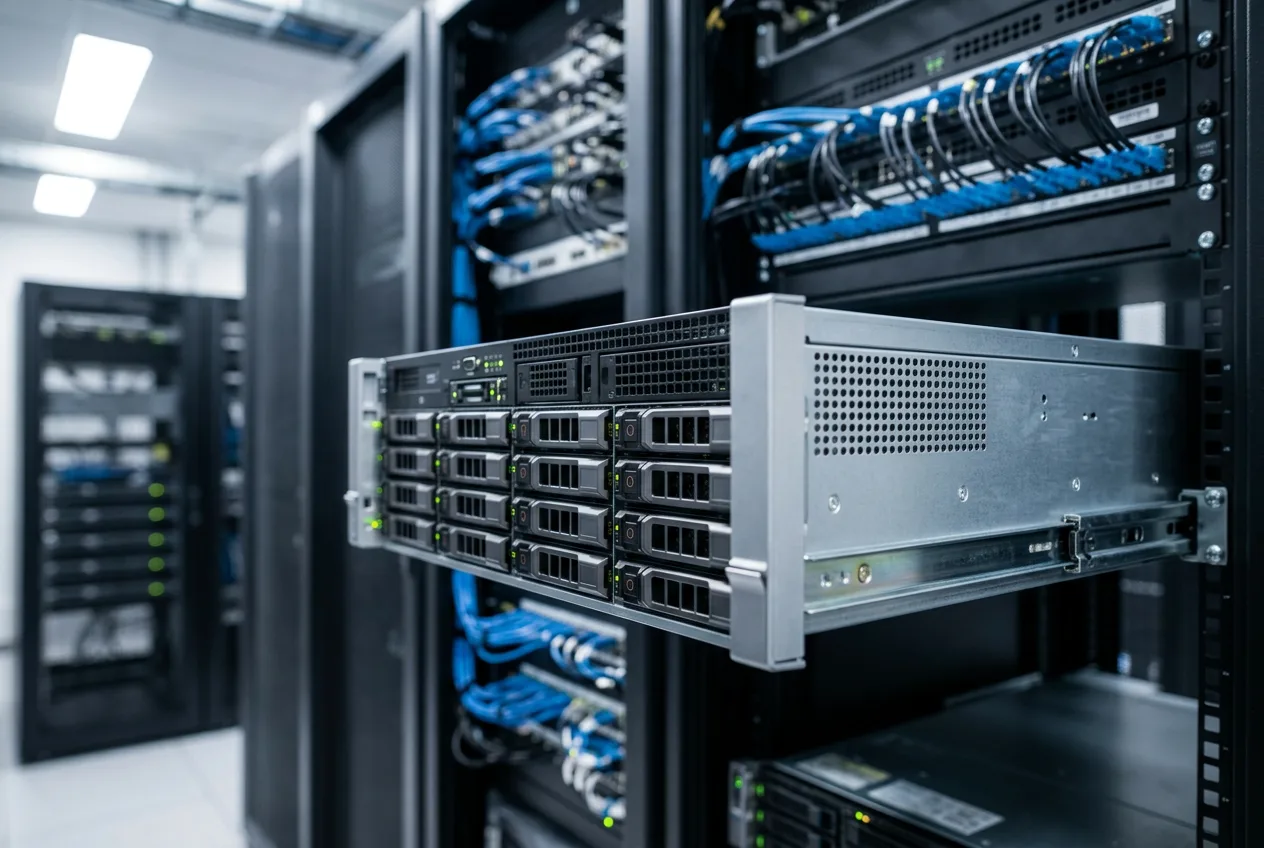 Серверное оборудование с накопителями NVMe в стойке дата-центра для VPS хостинга