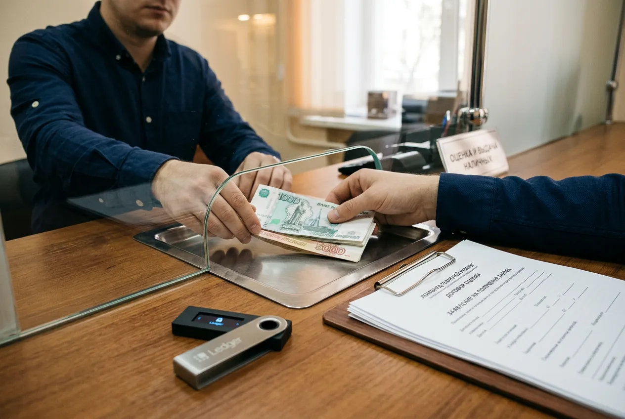 Выдача наличных рублей в ломбарде под залог криптовалюты через операционную кассу.